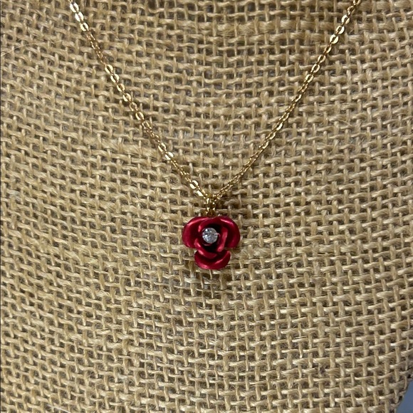 Vintage Jewelry - Vintage Gold Chain Necklace with Red Rose Pendant